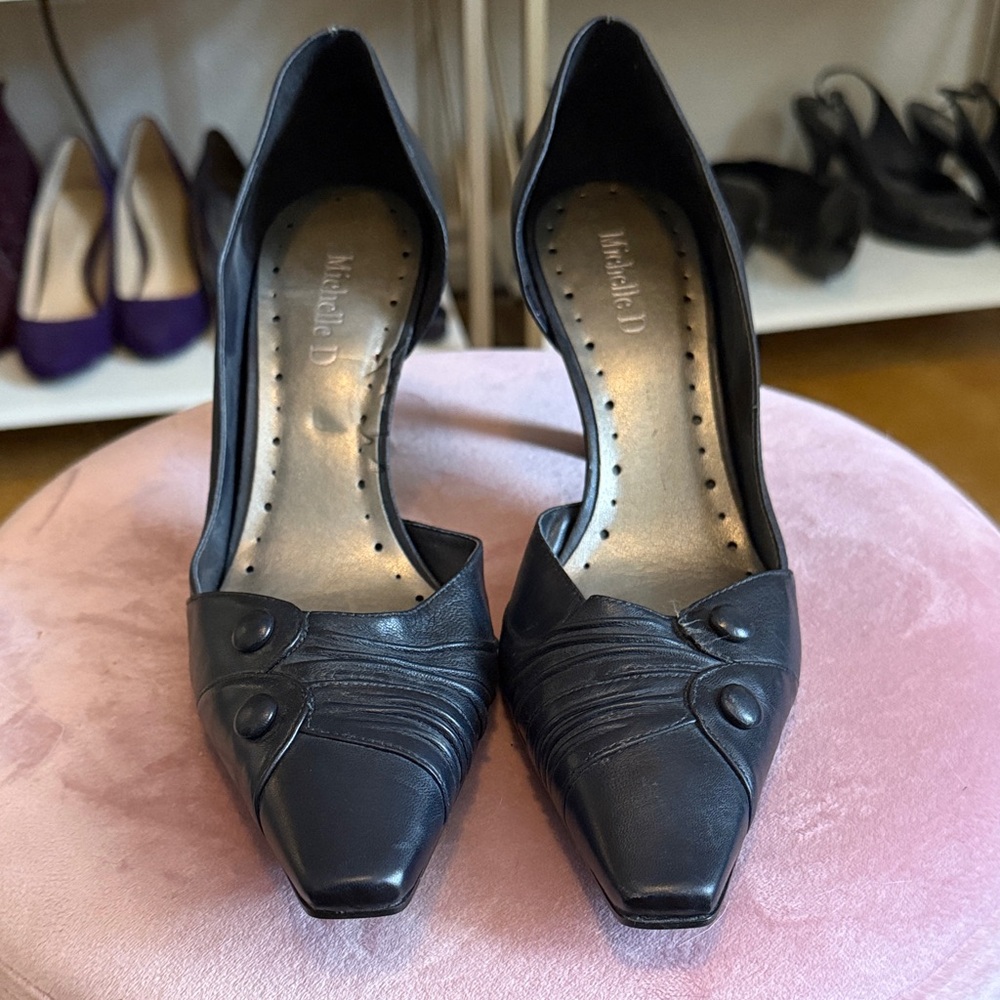 Michelle D Black Leather Heels